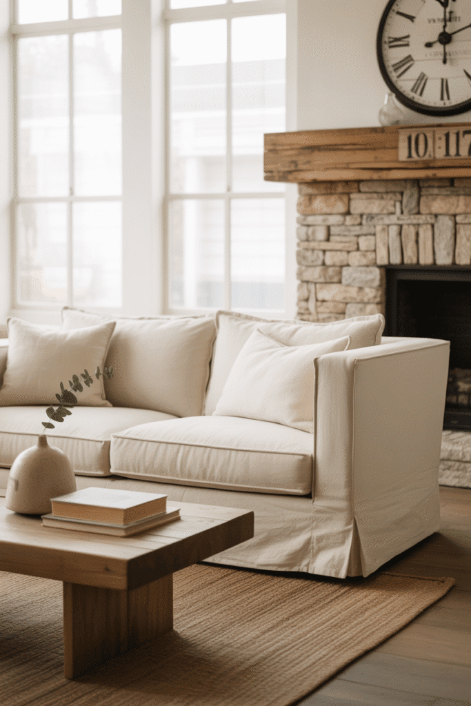Modern cottage living room balancing minimalism and rustic charm with neutral furnishings and wooden accents.