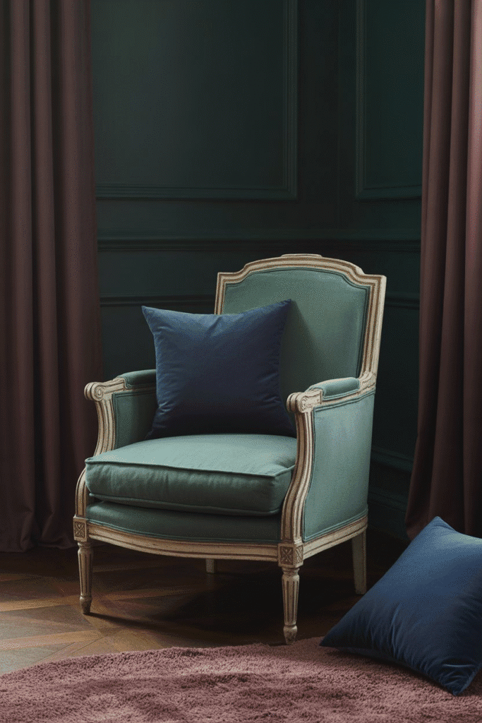 Layering jewel tones with dark green enhances richness and mood in the bedroom.