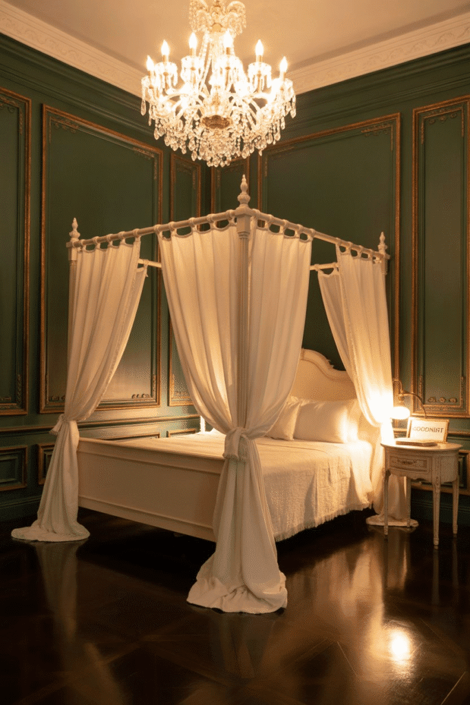 Green panel molding adds timeless structure and refinement to a moody bedroom.
