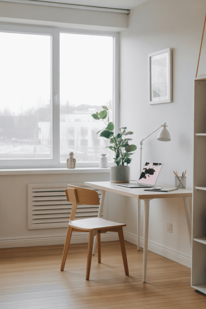As a part of home office wall color ideas this picture shows a bright home office with crisp white walls, minimalist desk, and greenery creating a clean and airy workspace.