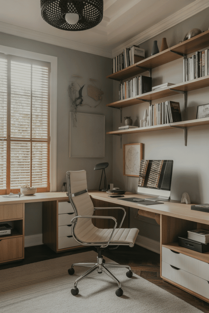 Elegant home office with soft gray walls and wooden furniture for a calm and productive environment.