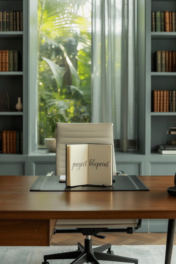 Elegant home office with soft gray walls and wooden furniture for a calm and productive environment.