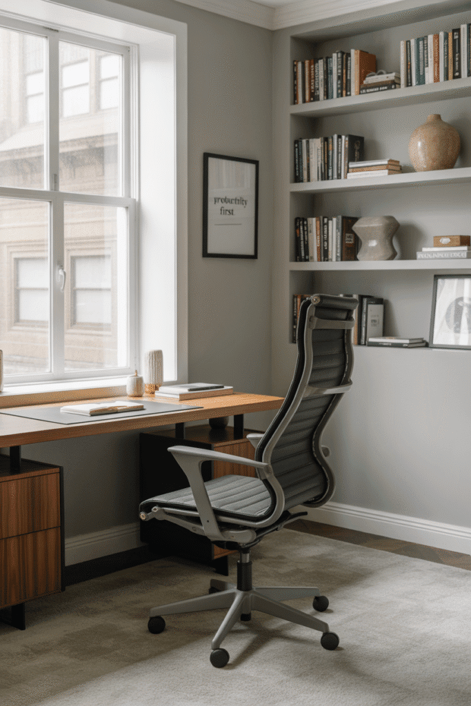 Elegant home office with soft gray walls and wooden furniture for a calm and productive environment.