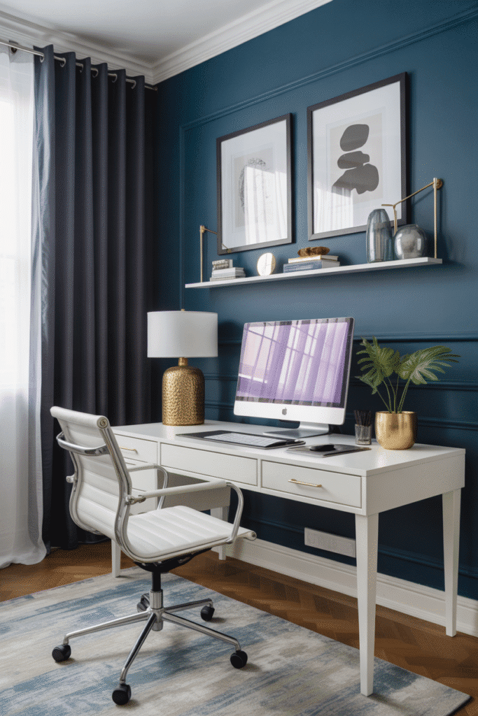 Modern home office with a deep navy accent wall and white desk for a bold, sophisticated look.