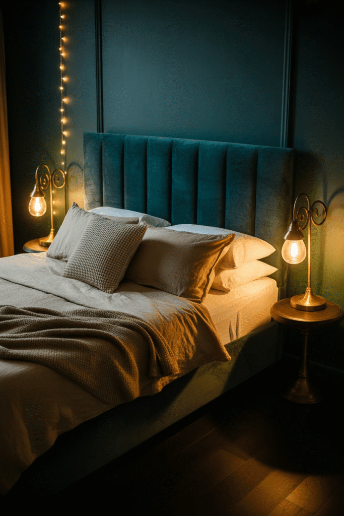 Layered warm lighting softens the atmosphere and highlights the deep green palette.