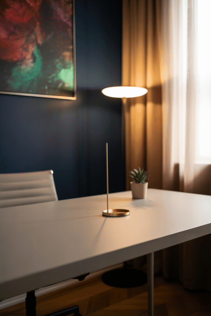 Modern home office with a deep navy accent wall and white desk for a bold, sophisticated look.