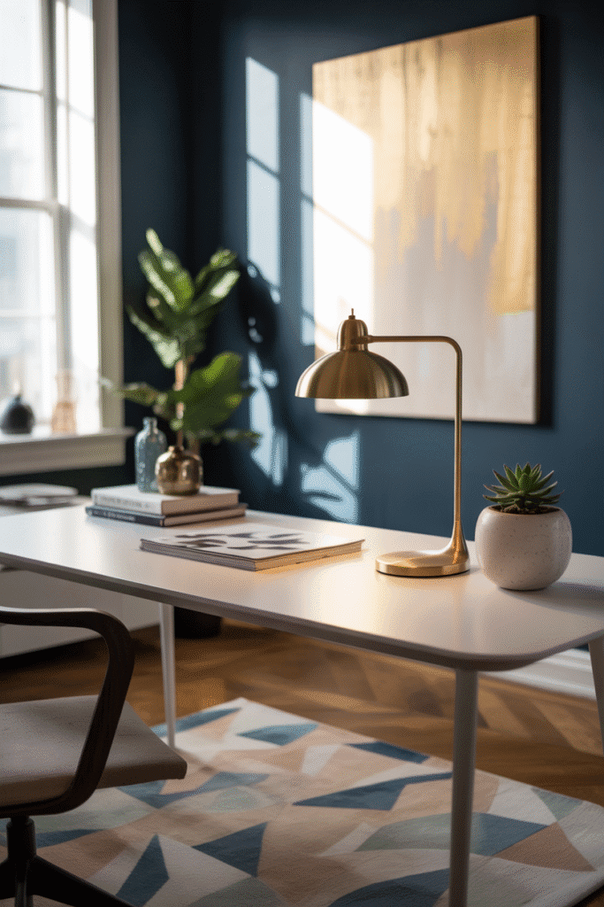 Modern home office with a deep navy accent wall and white desk for a bold, sophisticated look.