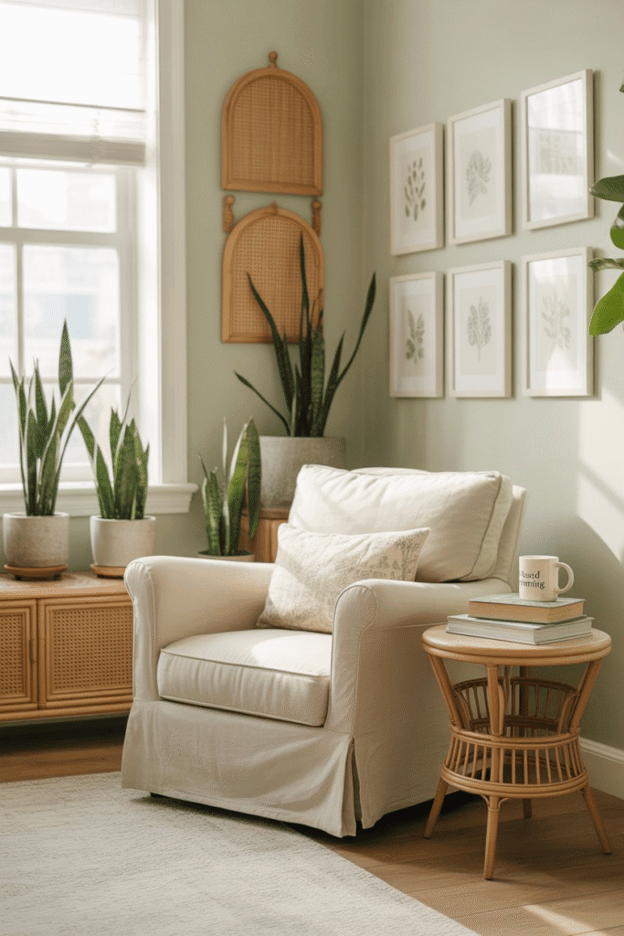 Serene home office with sage green walls and natural elements creating a peaceful workspace.