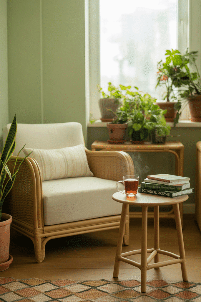 Serene home office with sage green walls and natural elements creating a peaceful workspace.