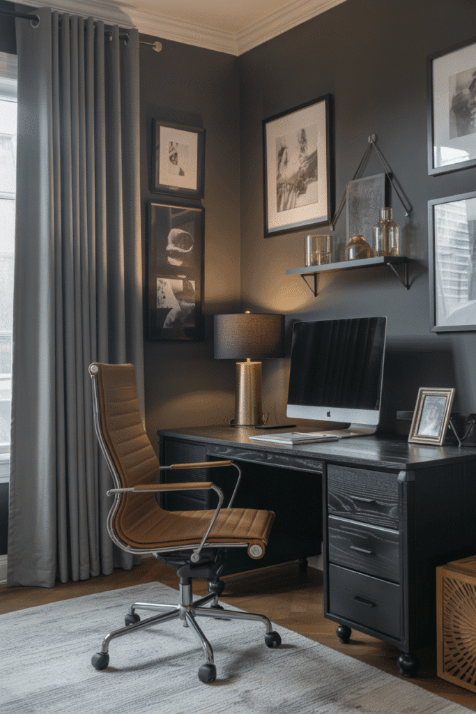 Sophisticated home office featuring charcoal gray walls, sleek furniture, and elegant decor.