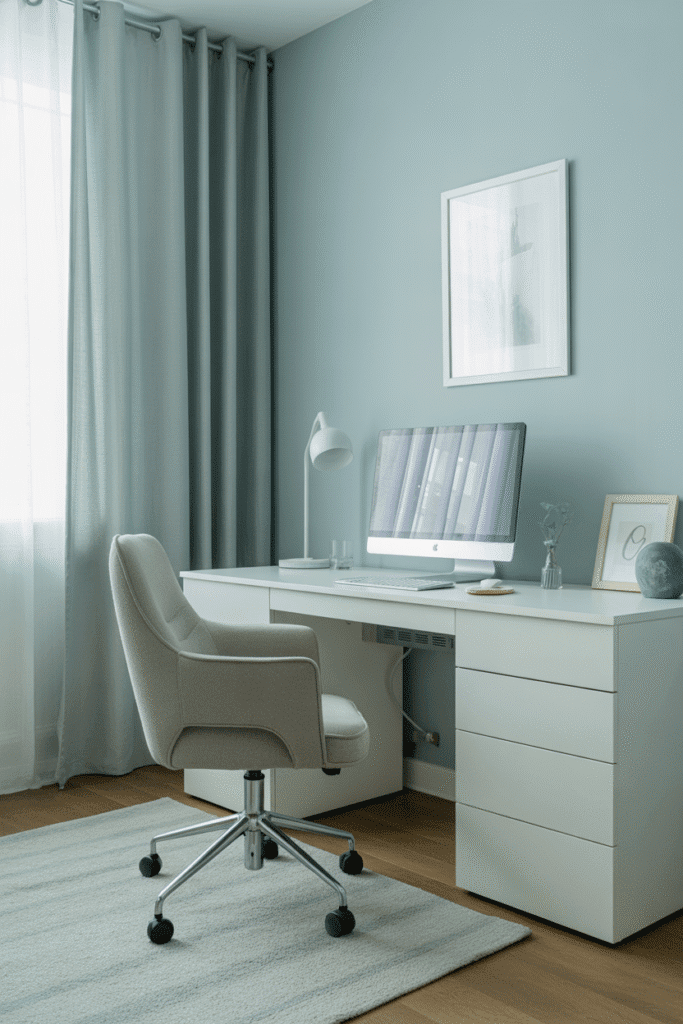 Soft pastel blue walls in a home office create a tranquil and airy environment.