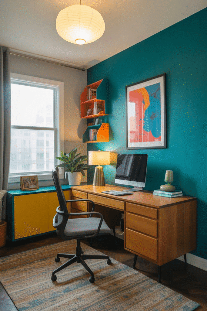 Energizing home office with a teal accent wall and creative decor for a lively workspace.