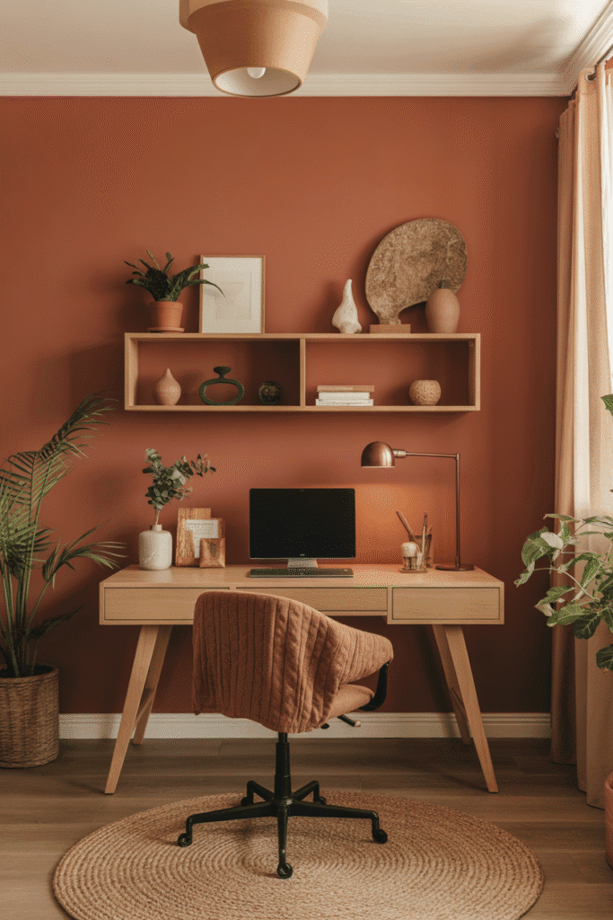 Home office with terracotta walls, natural textures, and greenery for an earthy, inviting space.