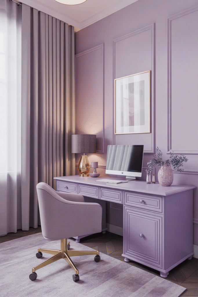 Home office with muted lavender walls creating a gentle, sophisticated atmosphere.