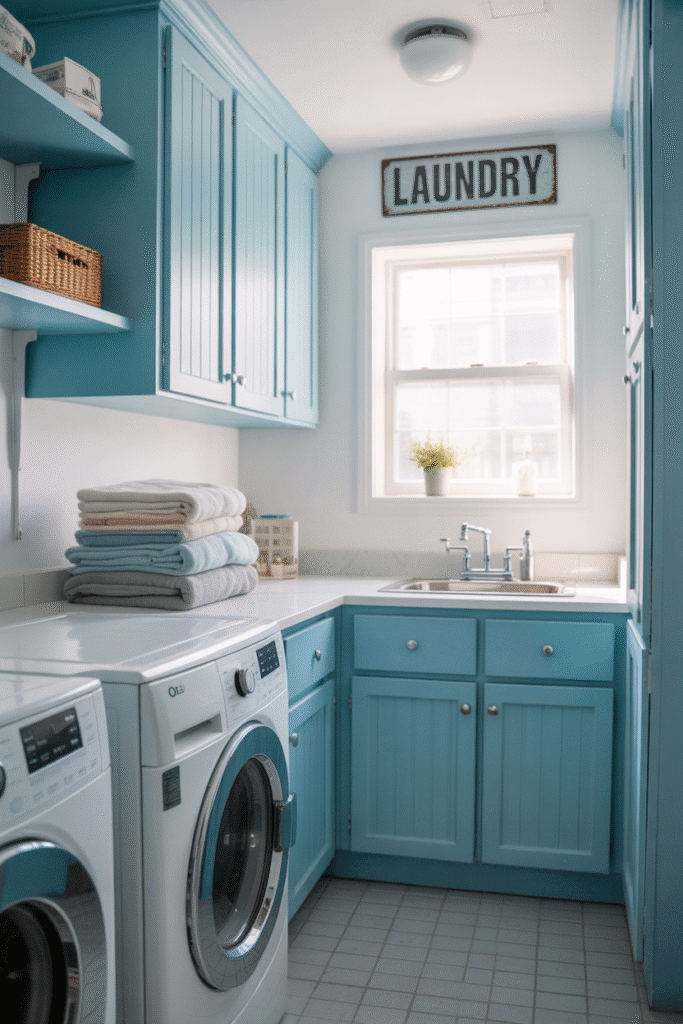 Sky blue cabinet paint brings a light, airy feel to a small laundry area.