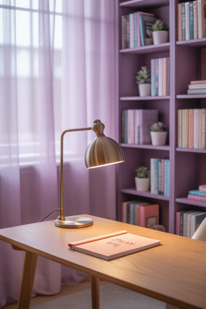 Home office with muted lavender walls creating a gentle, sophisticated atmosphere.