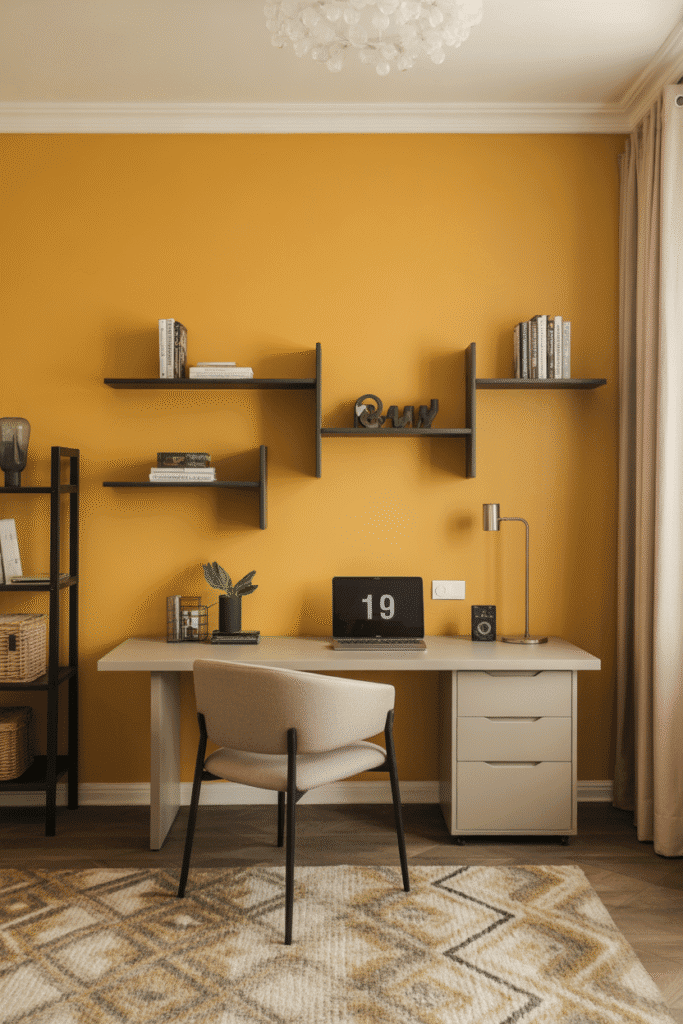 Vibrant home office featuring a mustard yellow wall for energy and creativity.
