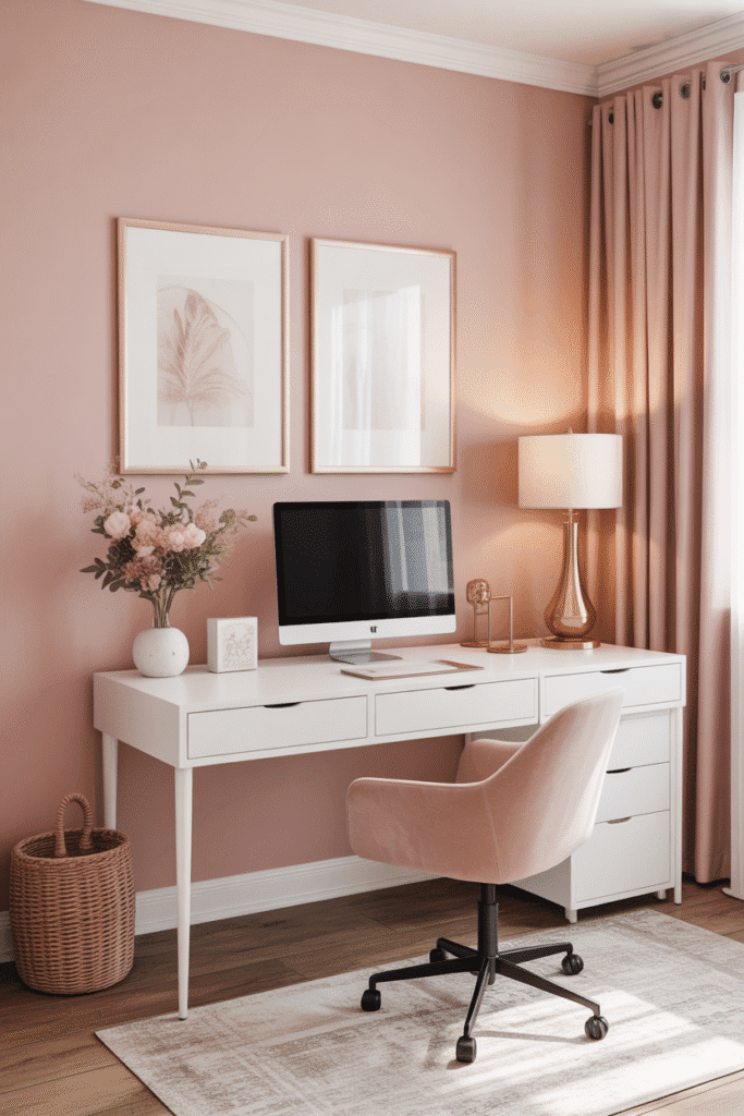 Home office with blush pink walls and delicate accents for a warm, inviting workspace.