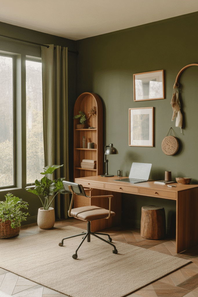 Home office featuring olive green walls and natural decor for a grounded and calm atmosphere.