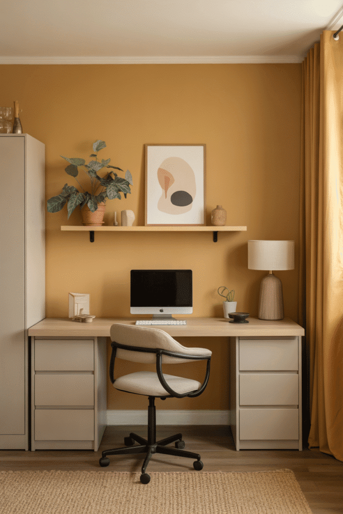 Home office with muted mustard walls adding warmth and subtle energy to the space.