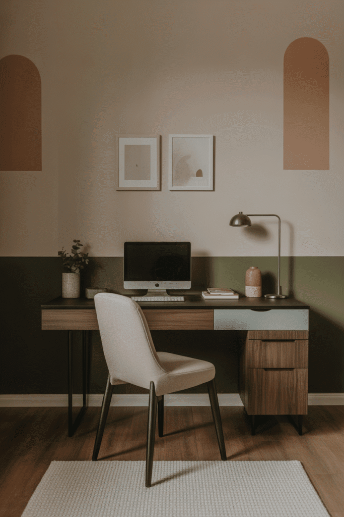 Home office with two-tone walls creating depth, visual interest, and a stylish workspace.