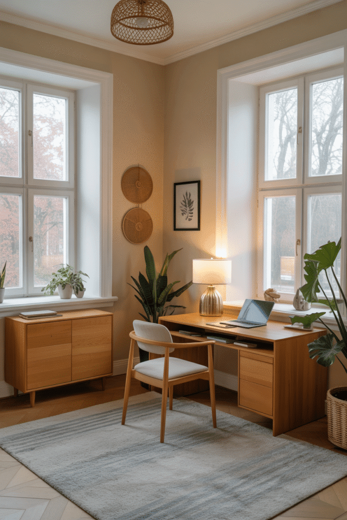 Home office with soft cream walls creating a bright, airy, and welcoming environment.