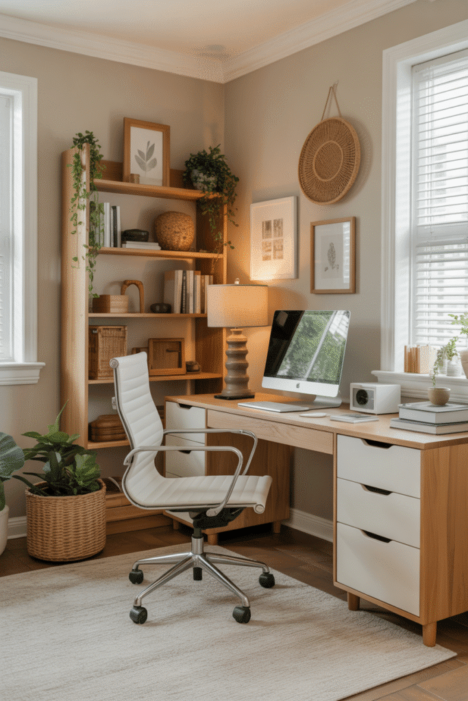 Home office with light beige walls, natural wood accents, and cozy décor for a welcoming workspace.