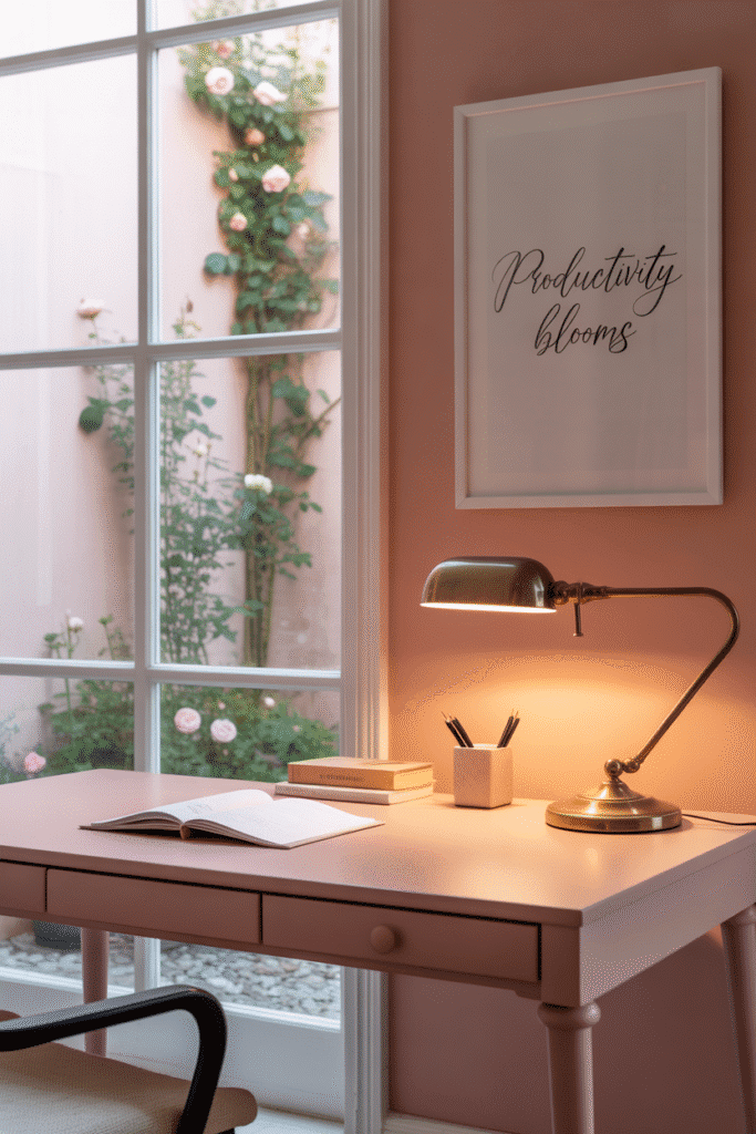 Home office with blush pink walls and delicate accents for a warm, inviting workspace.