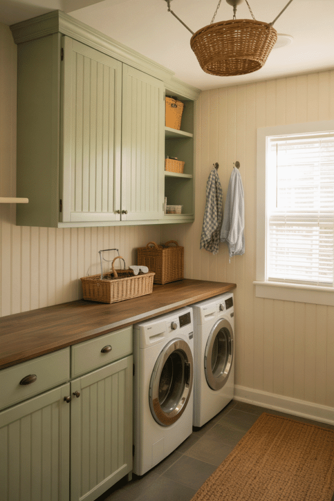 Dusty sage green cabinetry adds an earthy and calming tone to the laundry space.