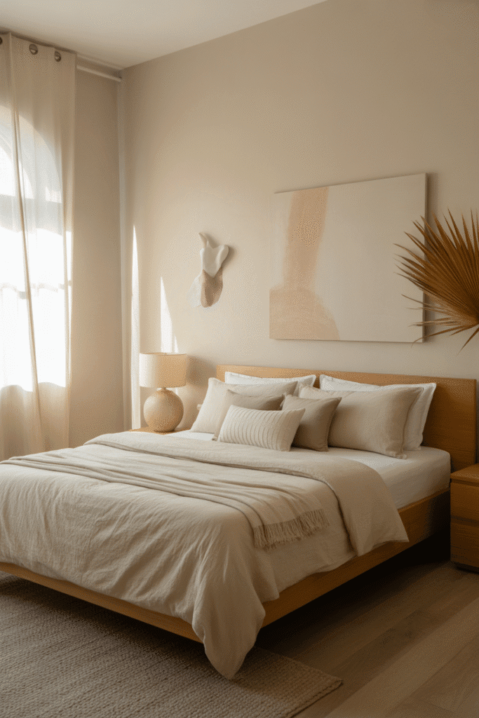 As a part of Japandi bedroom ideas this picture shows a calm Japandi bedroom with neutral colors, light wood furniture, and minimalist cozy vibe.