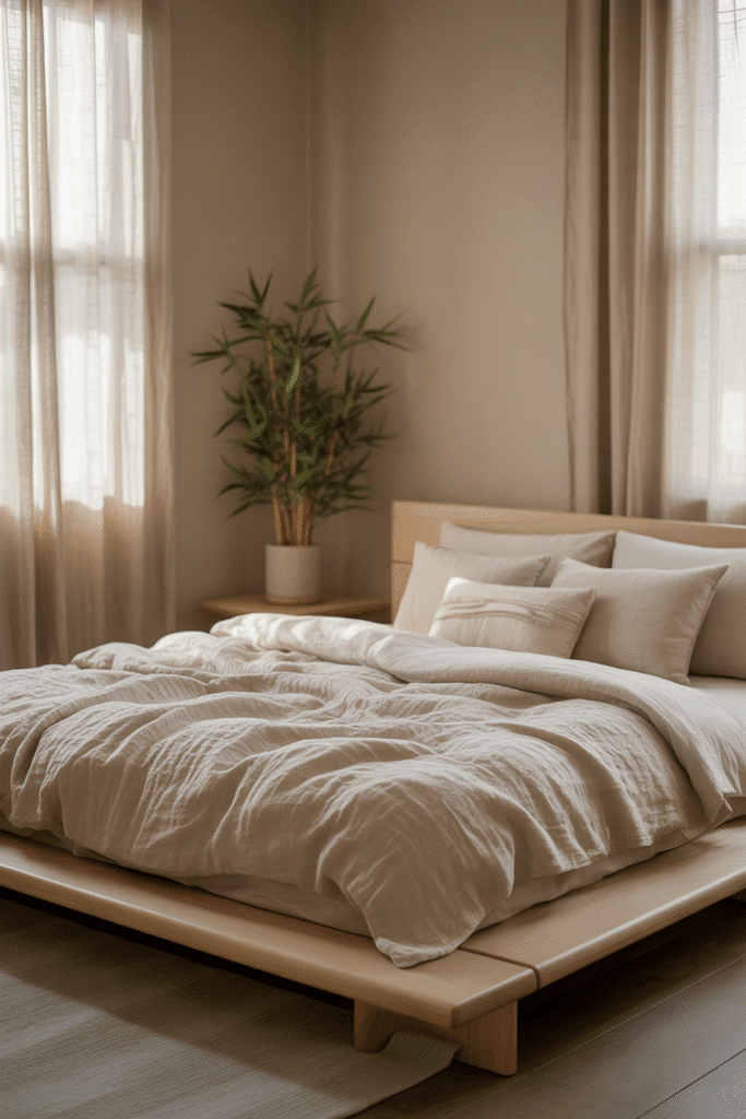 Japandi bedroom with natural wood furniture creating warmth and simplicity.