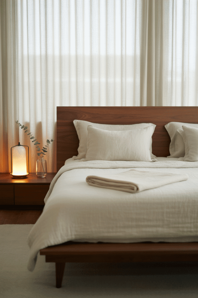 Minimalist Japandi bedroom with a low-profile bed for an airy, uncluttered space.