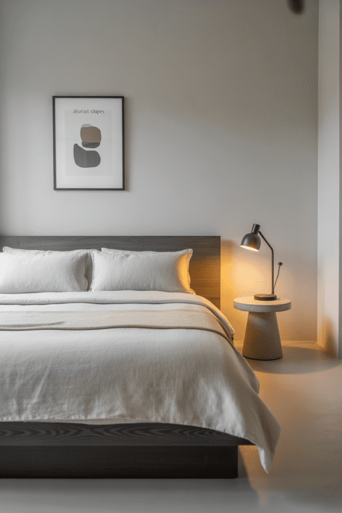 Minimalist Japandi bedroom with a low-profile bed for an airy, uncluttered space.