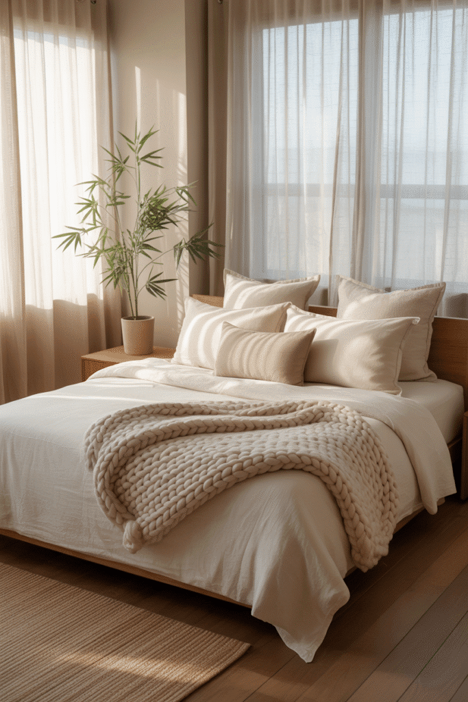 Cozy Japandi bedroom with linen bedding, wool throw, cotton cushions, soft neutral color palette.