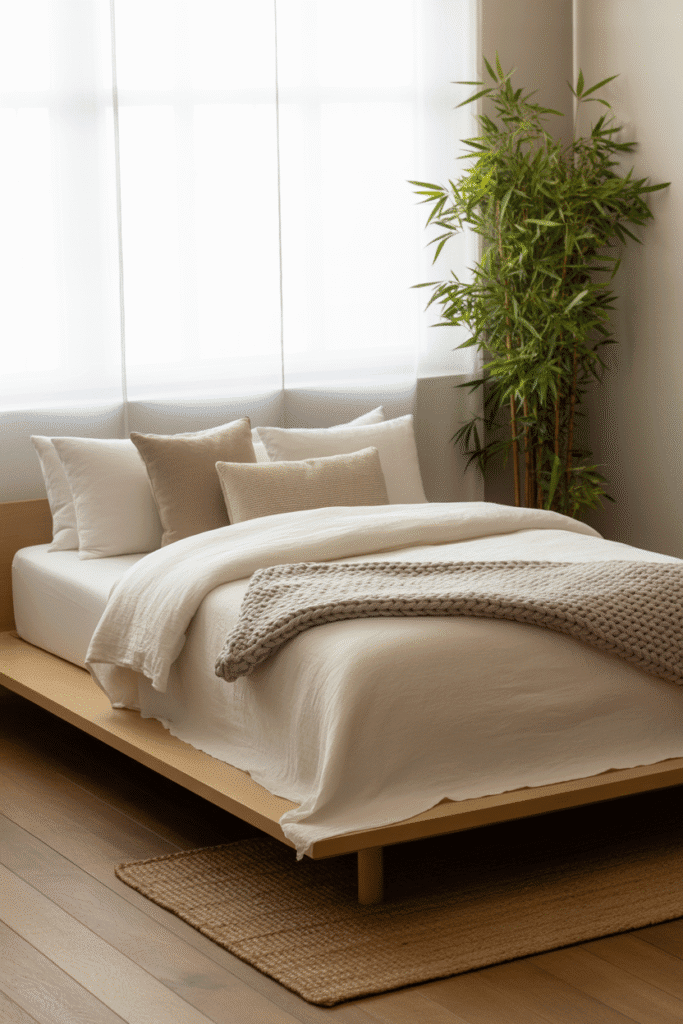 Cozy Japandi bedroom with linen bedding, wool throw, cotton cushions, soft neutral color palette.