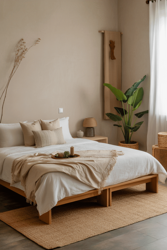 Japandi bedroom featuring natural fiber rugs for warmth and authentic style.