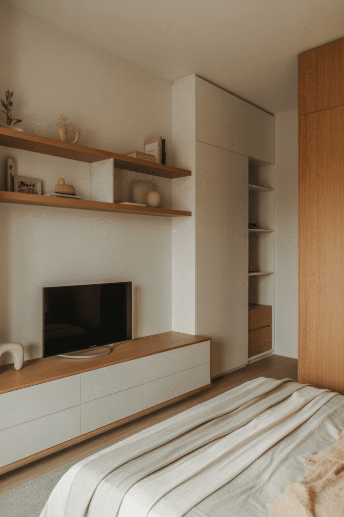 Organized Japandi bedroom with simplified storage and minimalist aesthetic.