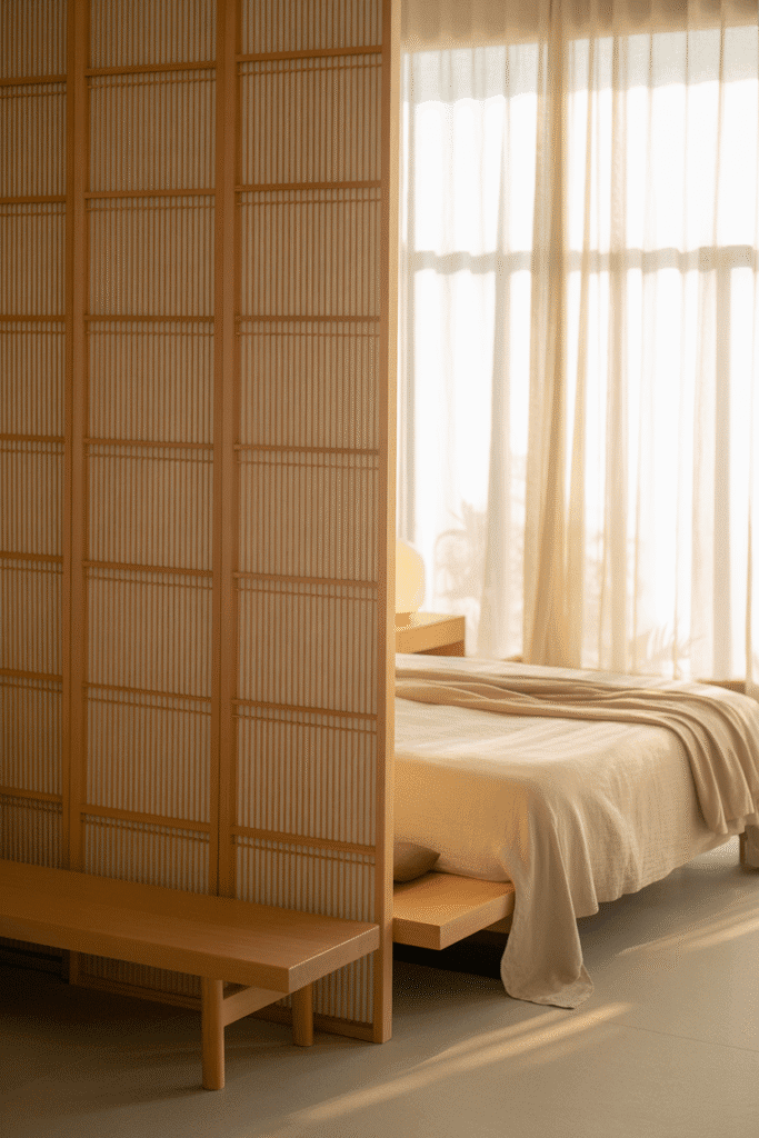 Japandi bedroom with shoji screens bringing soft light and Japanese elegance.