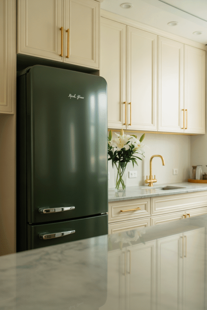 Dark green appliances add a luxurious and custom-designed look to this kitchen.

