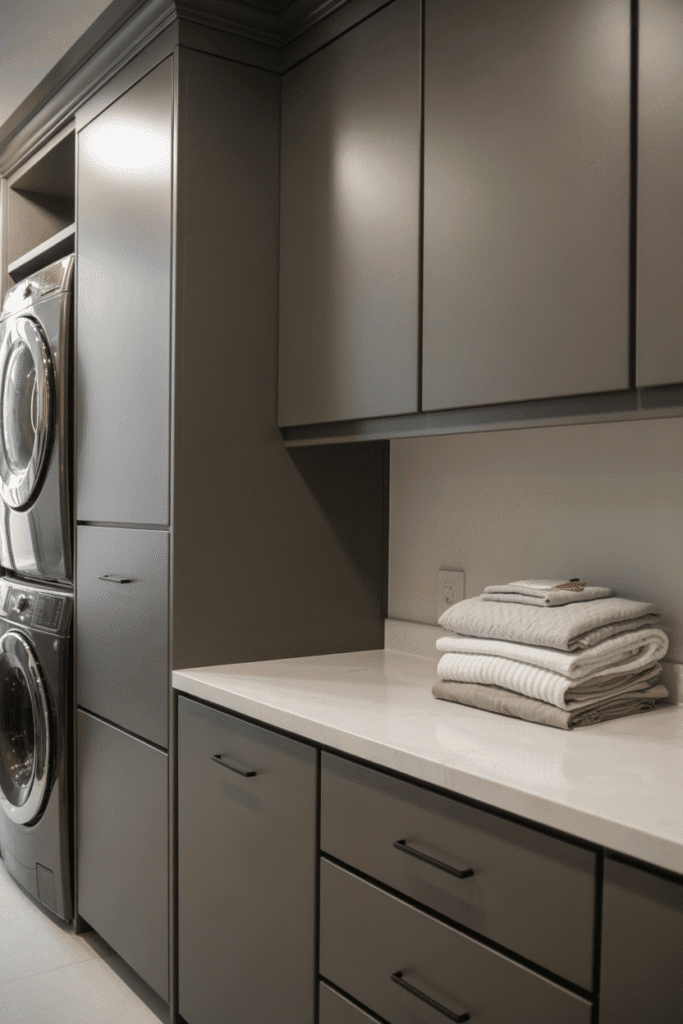 Charcoal gray cabinets create a sleek and dramatic effect in a compact laundry room.