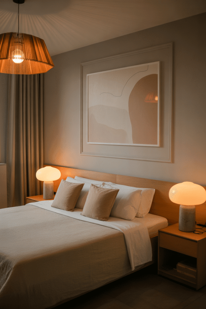 Japandi bedroom with soft, ambient lighting creating a relaxing atmosphere.