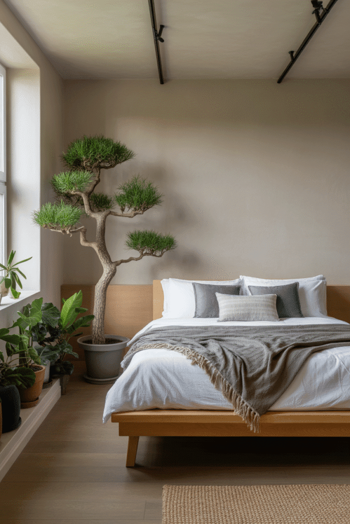 Calm Japandi bedroom with greenery for a serene, nature-inspired vibe.