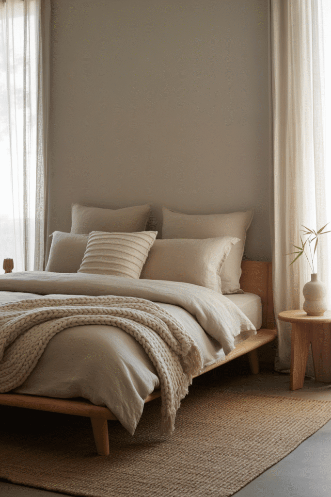 Bedroom with matte finishes and natural textures for understated elegance.
