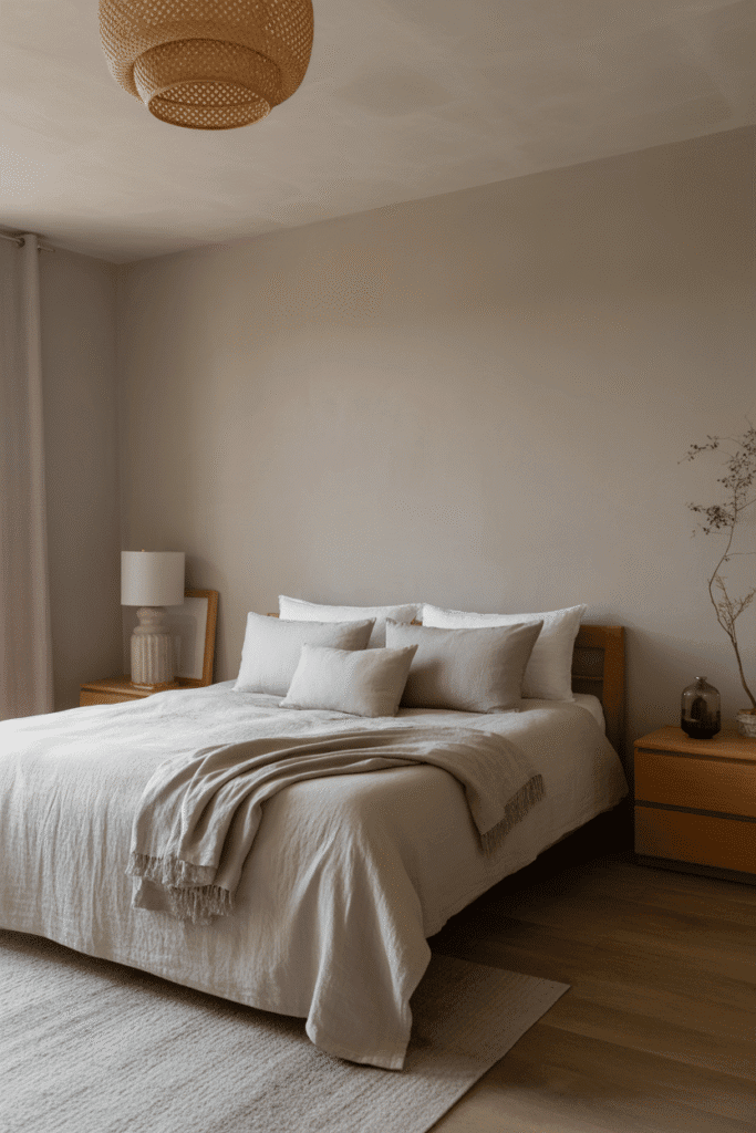 Bedroom with matte finishes and natural textures for understated elegance.