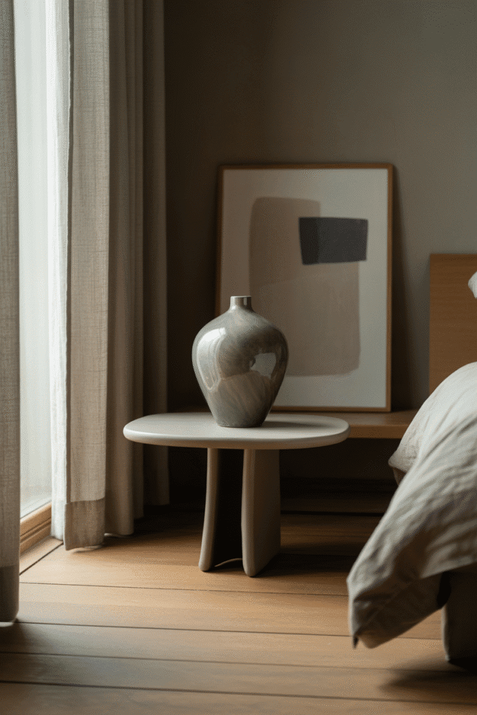 Simple Japandi bedroom with a few meaningful decorative items.