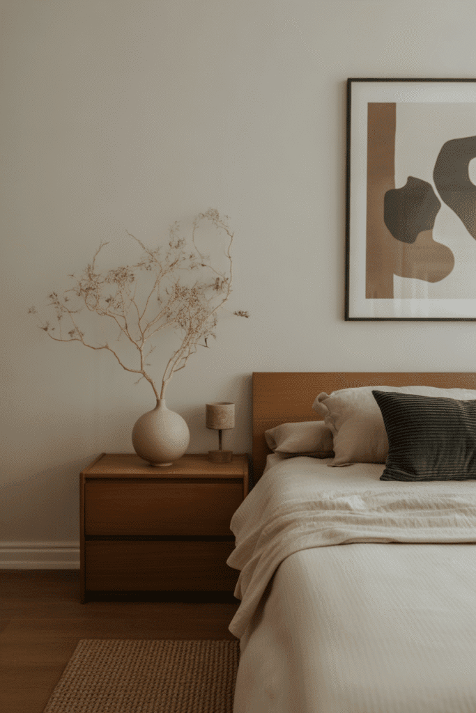 Simple Japandi bedroom with a few meaningful decorative items.