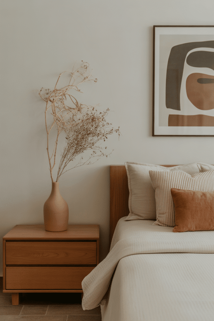 Simple Japandi bedroom with a few meaningful decorative items.