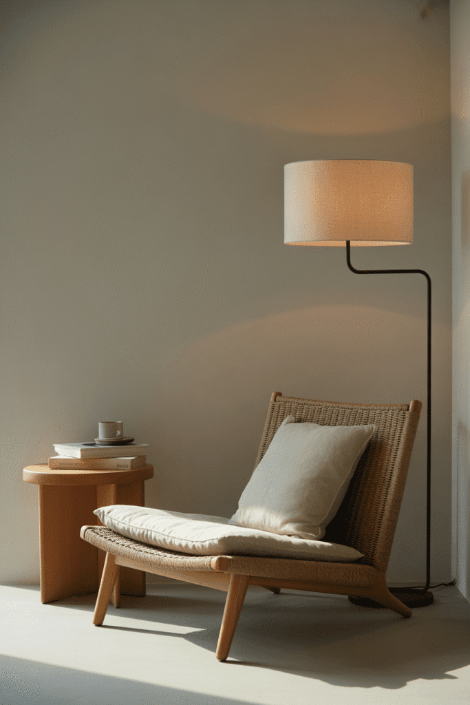 Japandi bedroom reading nook with cozy and minimalist design.