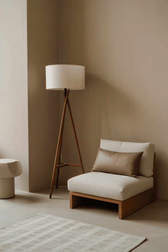 Japandi bedroom reading nook with cozy and minimalist design.