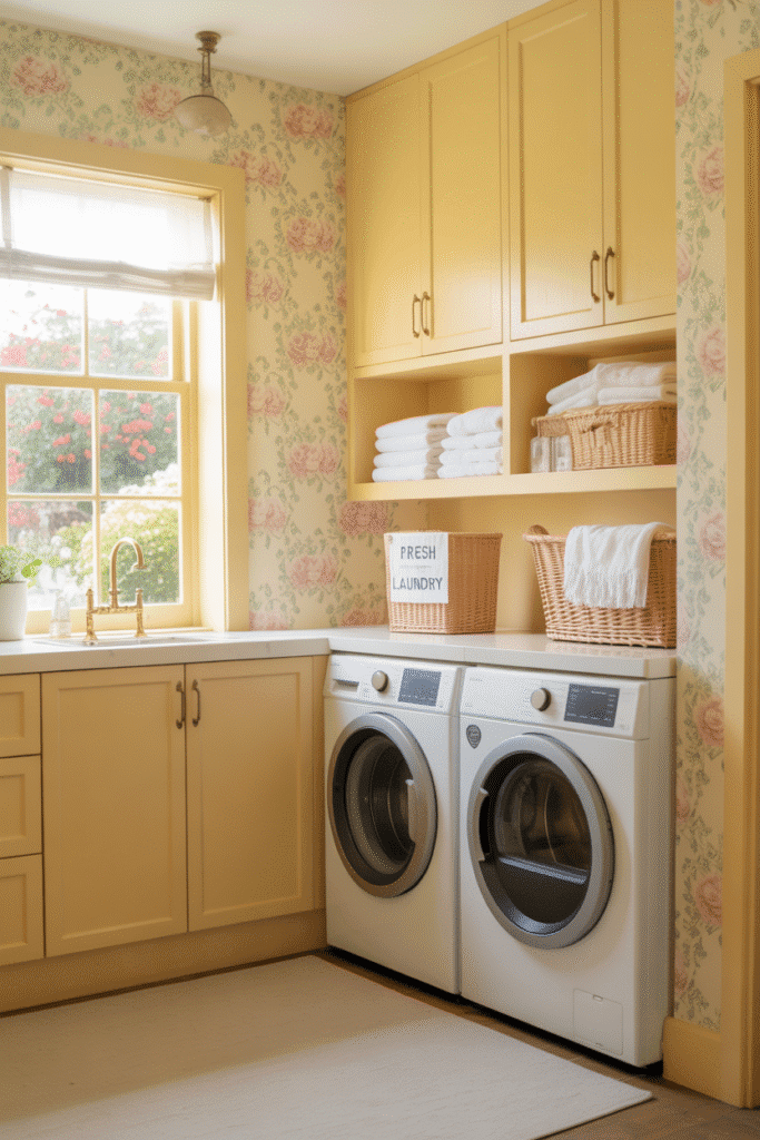 Pale yellow cabinets infuse charm and warmth into a small laundry space.